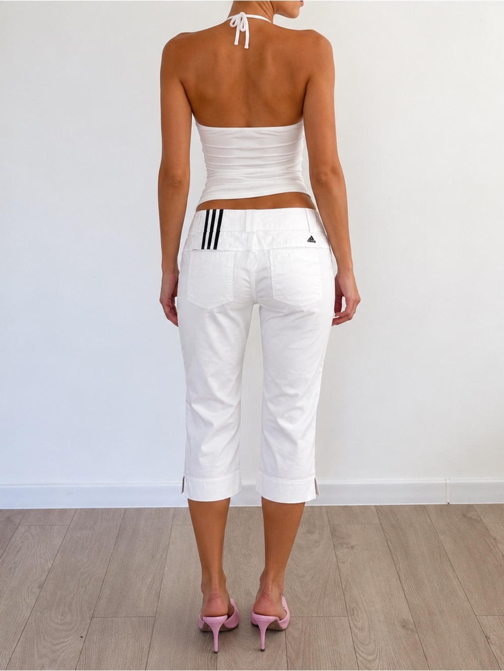 Vintage Y2K Adidas White Cropped Capri Pants with Black Stripe Detail